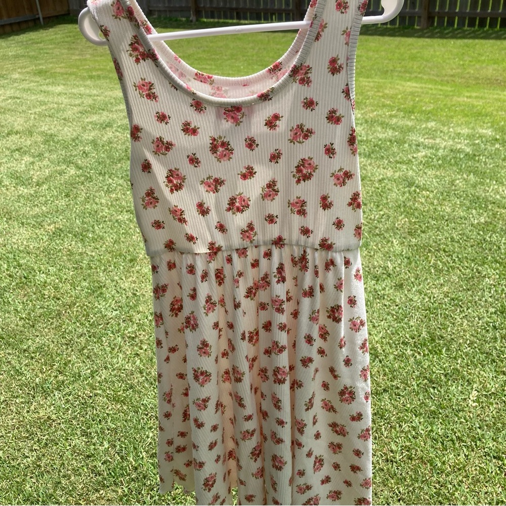 Zunie Girl cream with flowers ribbed tank dress girls size small 6/6x GUC